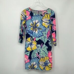 Lilly Pulitzer Marlow tunic dress Big Flirt floral navy blue pink knit yellow XS